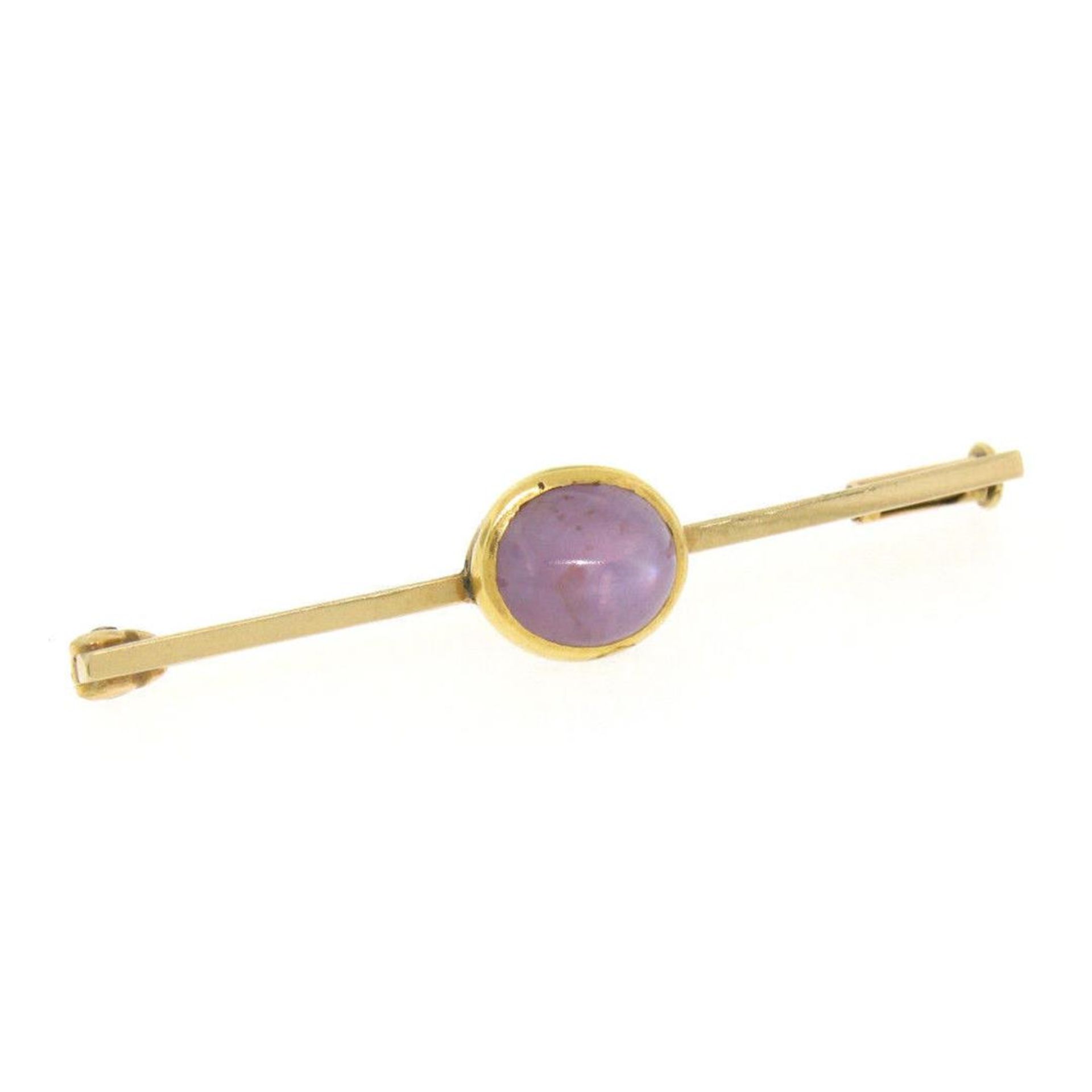 18k Yellow Gold 2.50 ct Oval Bezel Set Pink Star Sapphire Bar Pin Brooch - Image 5 of 8