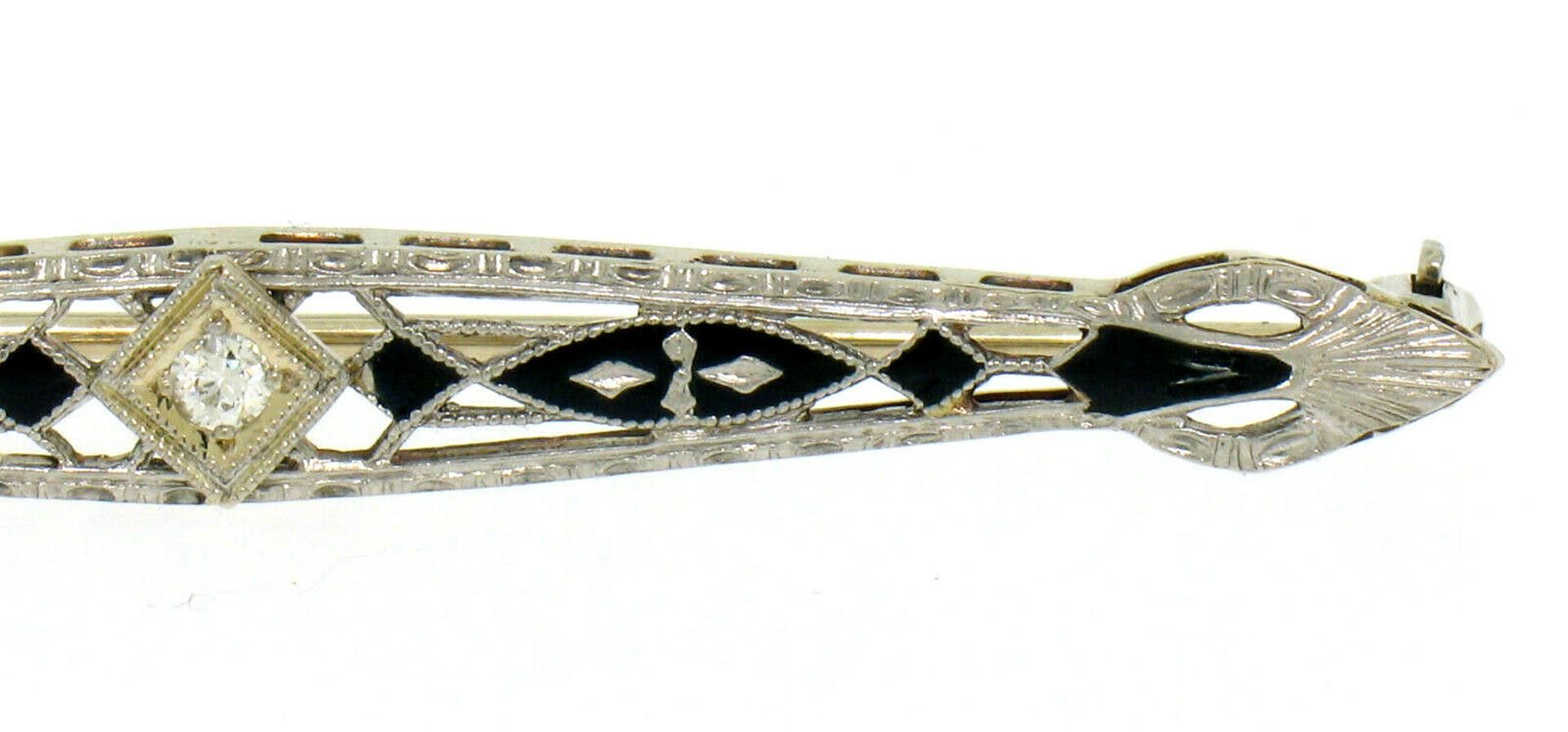 Antique Art Deco 14K White Gold Diamond & Black Enamel Etched Filigree Bar Pin - Image 3 of 4