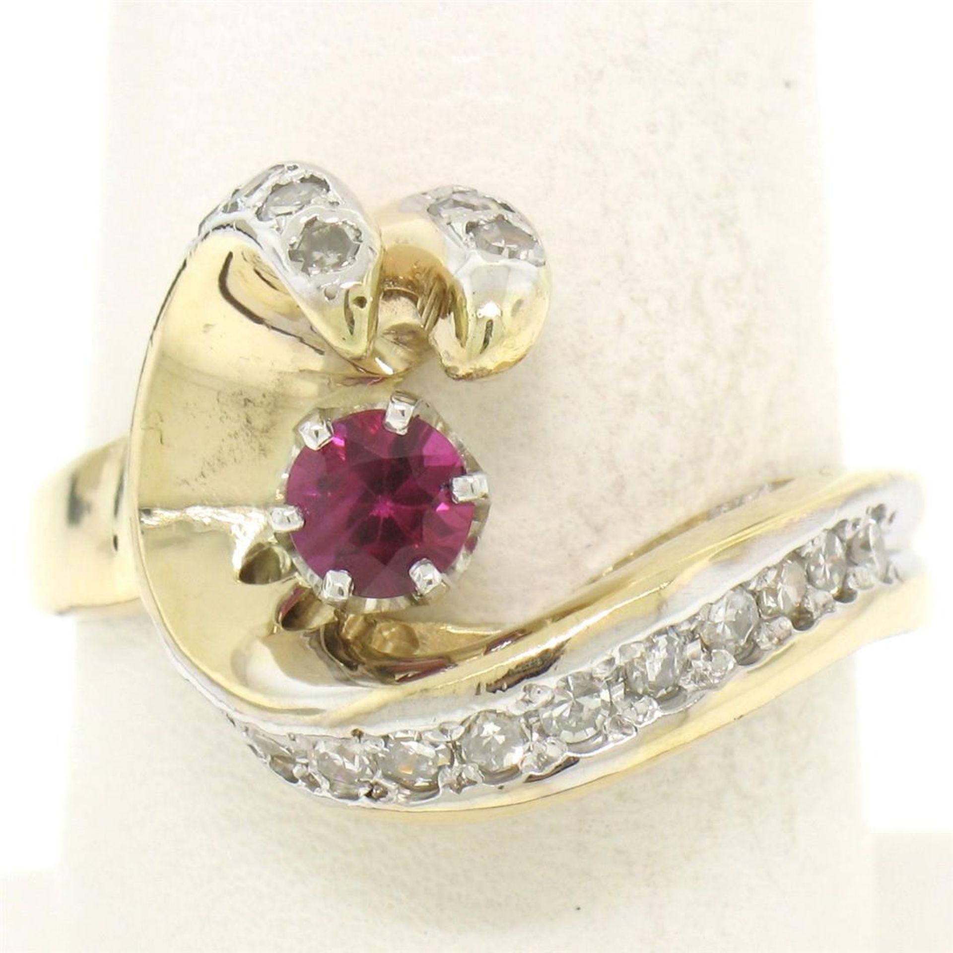 14k Yellow Gold .30 ct Round Blood Red Ruby Claw Cocktail Ring w/ Diamond Accent - Image 4 of 7