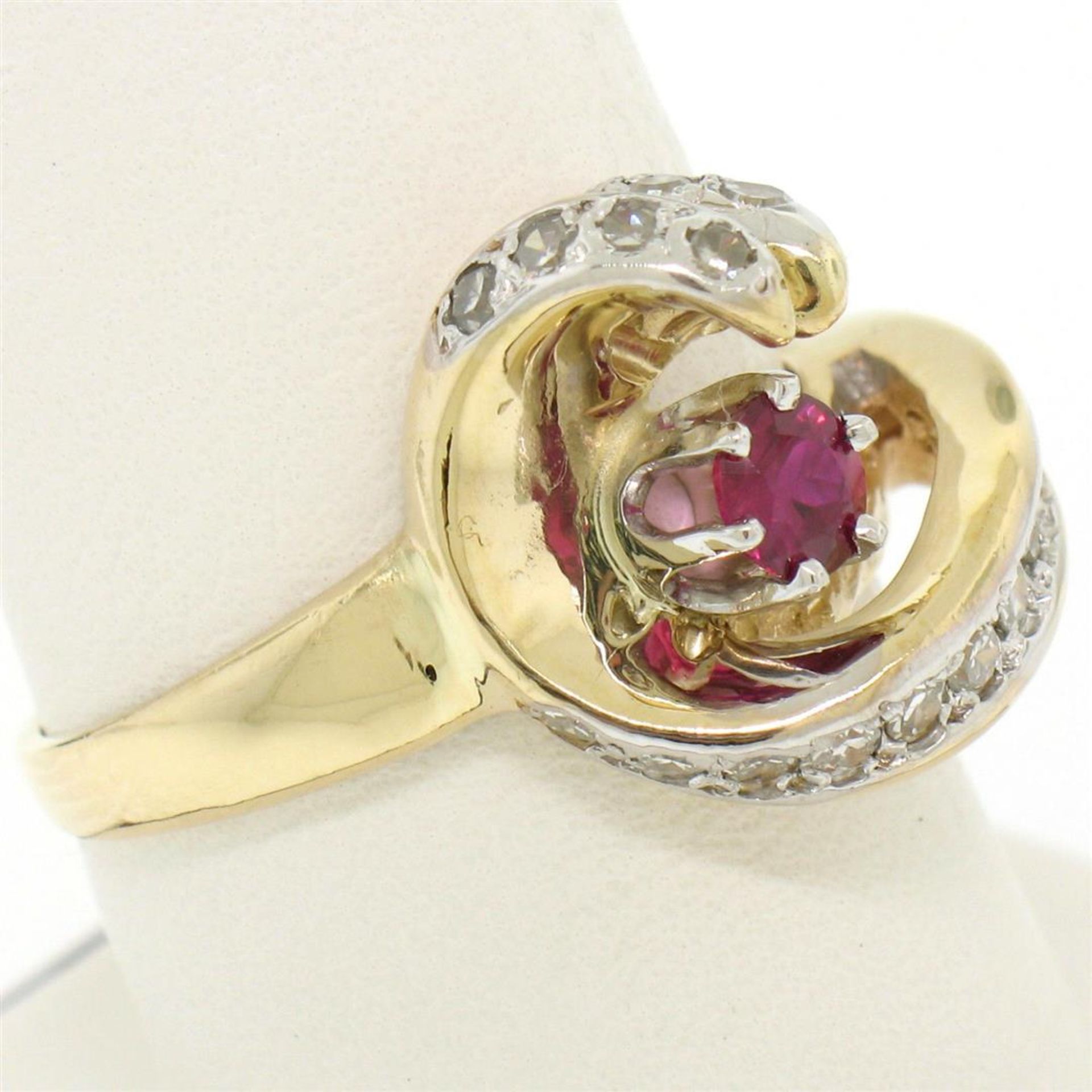 14k Yellow Gold .30 ct Round Blood Red Ruby Claw Cocktail Ring w/ Diamond Accent - Image 6 of 7