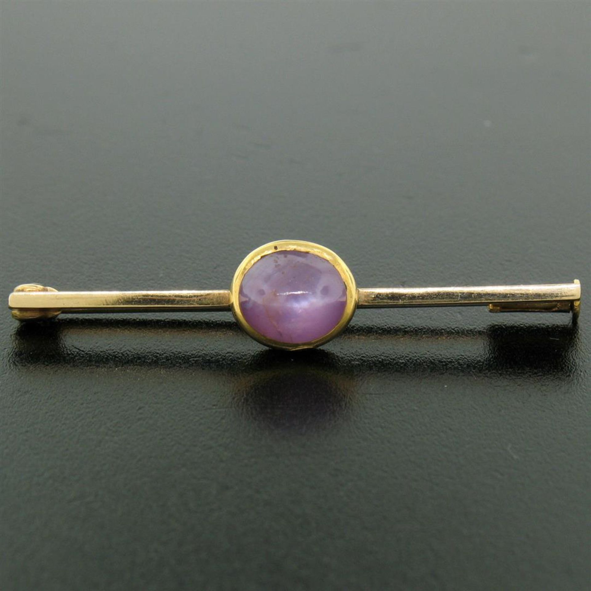 18k Yellow Gold 2.50 ct Oval Bezel Set Pink Star Sapphire Bar Pin Brooch - Image 3 of 8