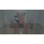 4 Pink Cut Glasses and Jug