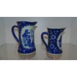 Two oriental Willow pattern jugs depicting three men fishing.