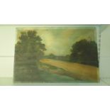 Oil on canvas depicting Farm/Stream with ducks