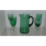 4 French Style Green cut Glass and large Jug