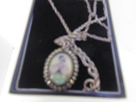 Sterling Silver pendant and chain, with hand painted picture.