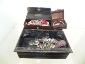 Job lot of costume jewellery, watches ect in a deeds box