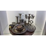 large candle arbour set , gray jug ,cruet set and silver plated tray and bowl