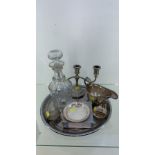 Candle arbour ,gray jug , coasters and napkin holders , decanter on a silver plated tray