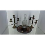 brass candle arbour and silver plated wine holder , whisky decanter and silver plated tray