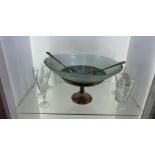 large serving bowl and silver plated base with serving spoons and decanter and glasses
