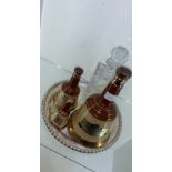 3 unopened bottles of bells whisky with a decanter and silver plated tray