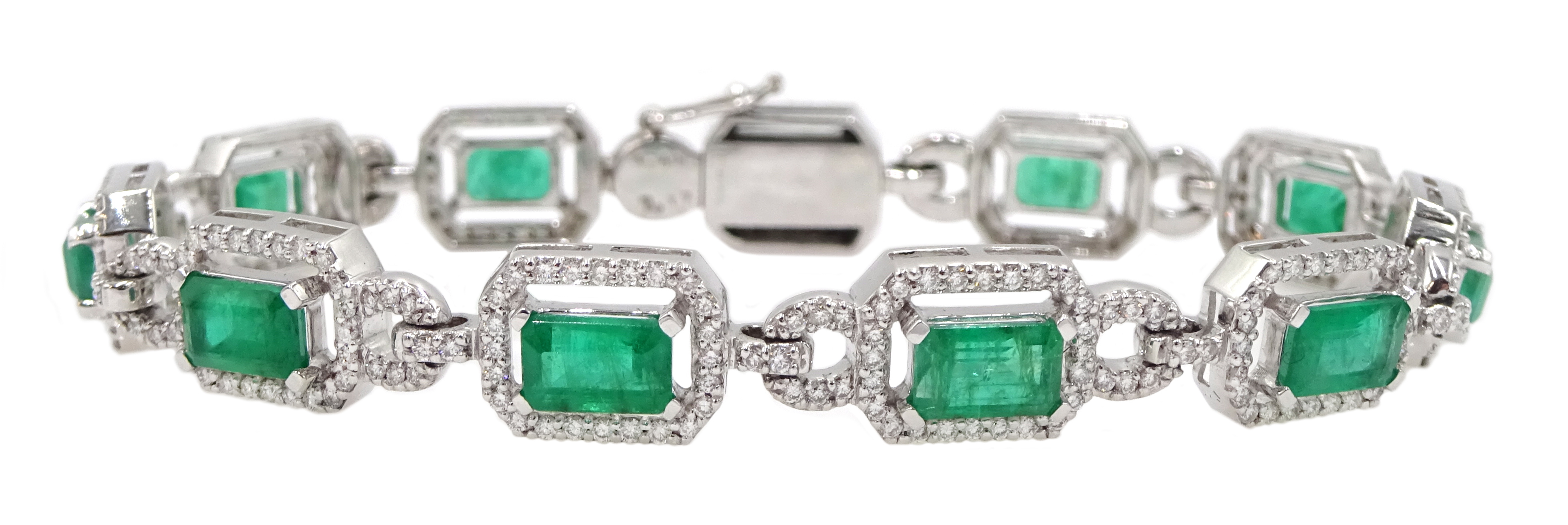 18ct white gold emerald cut emerald and round brilliant cut diamond bracelet