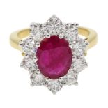 18ct gold oval ruby and round brilliant cut diamond cluster ring