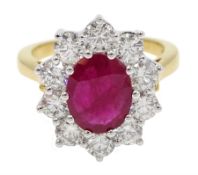 18ct gold oval ruby and round brilliant cut diamond cluster ring