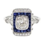 Art Deco style 18ct white gold, sapphire and diamond ring