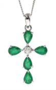 White gold emerald and diamond cross pendant