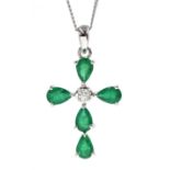 White gold emerald and diamond cross pendant