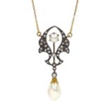 Gold and silver pearl and diamond pendant necklace