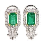Pair of 18ct white gold emerald and round brilliant cut diamond stud clip earrings