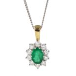 18ct gold oval emerald and diamond cluster pendant