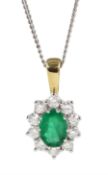 18ct gold oval emerald and diamond cluster pendant