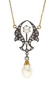 Gold and silver pearl and diamond pendant necklace