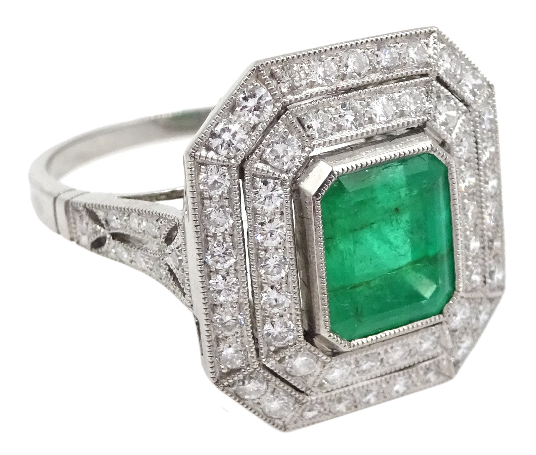 Platinum emerald and double row diamond ring - Image 3 of 5