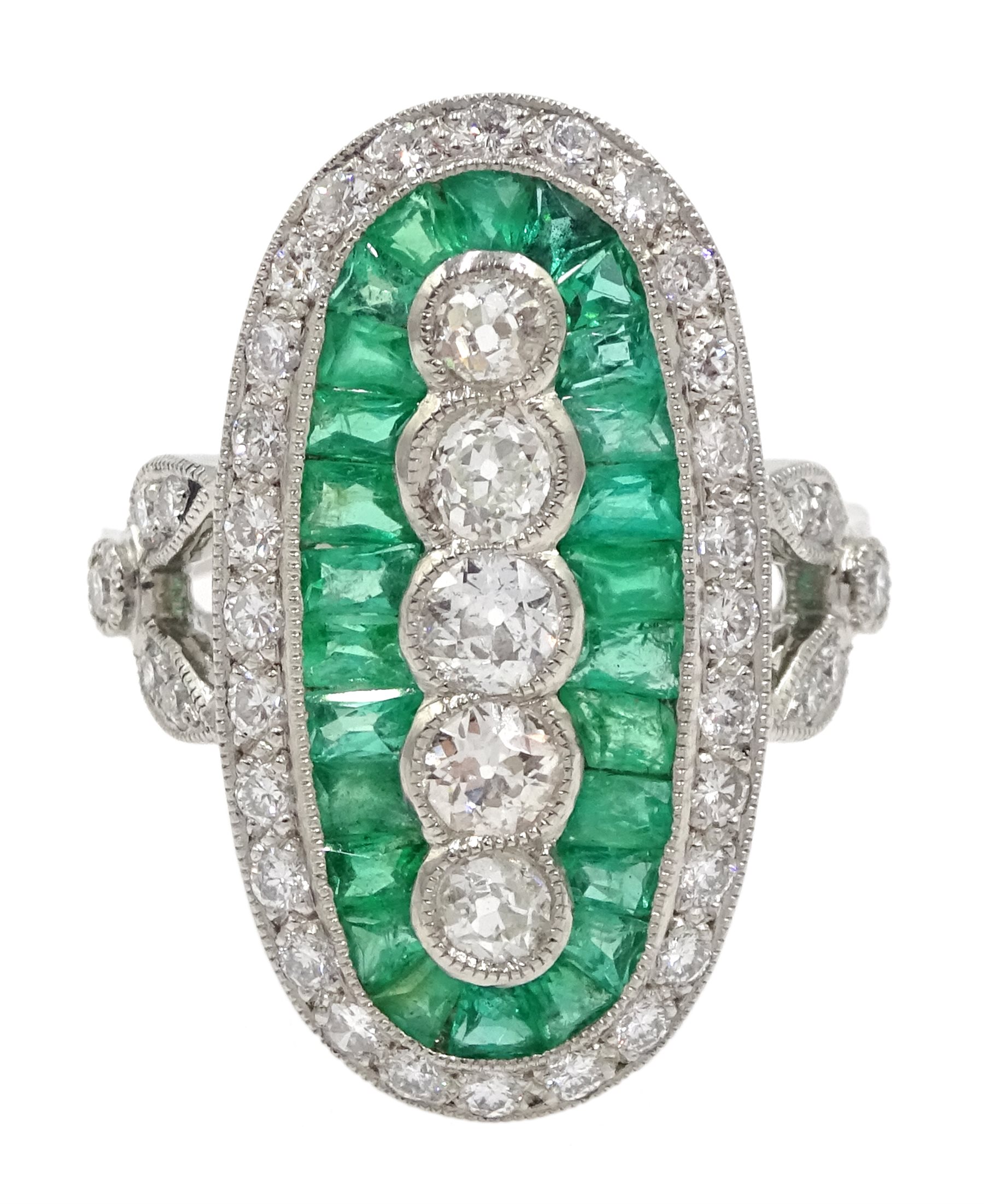 Platinum calibre cut emerald and round brilliant cut diamond oval panel ring