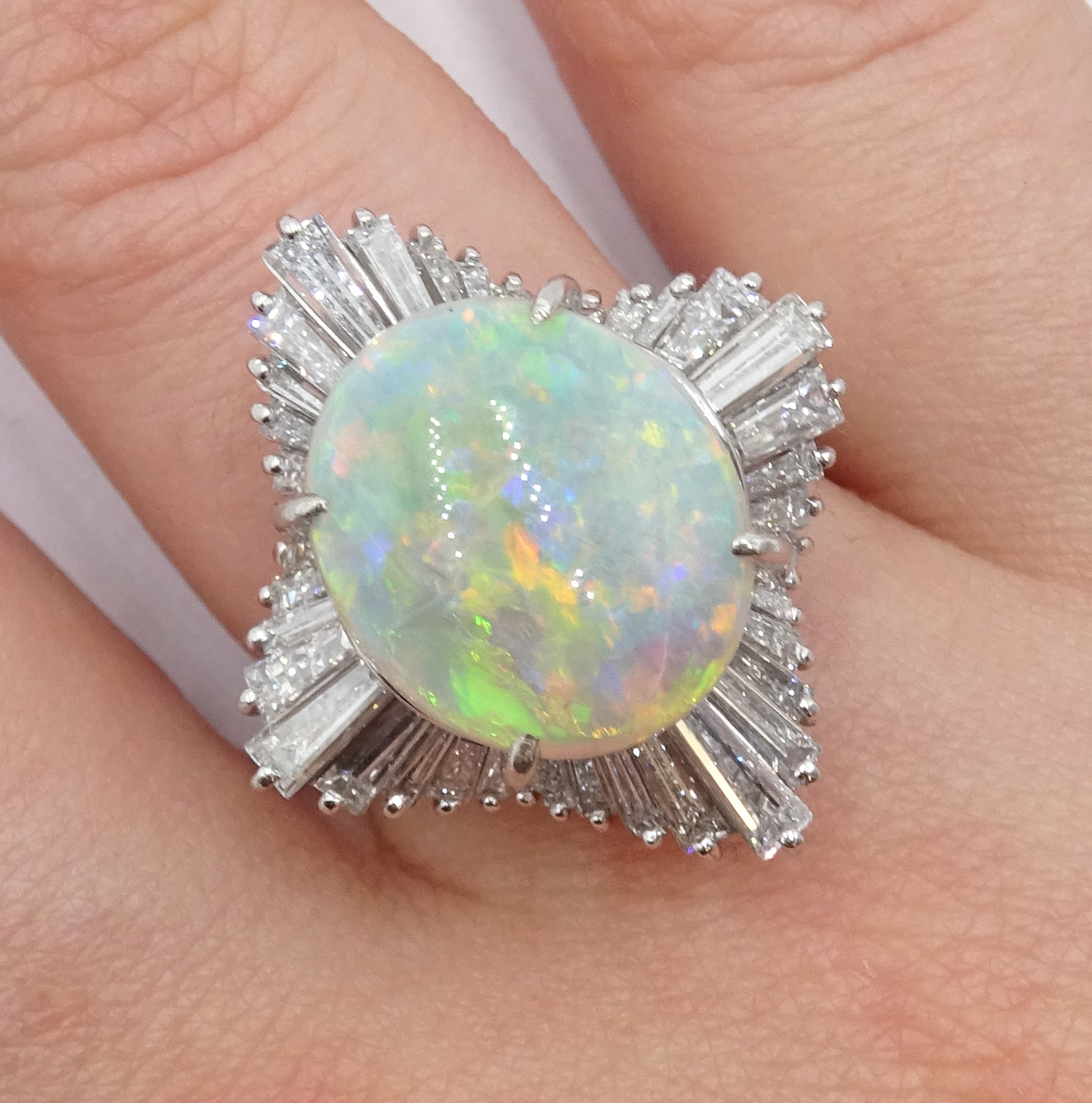 Platinum oval cabochon opal and baguette diamond ring - Image 2 of 5