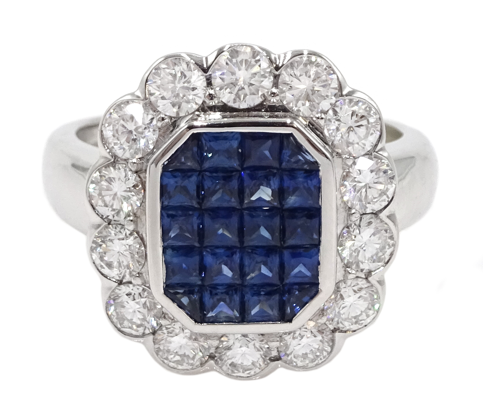 18ct white gold, sapphire and diamond cluster ring
