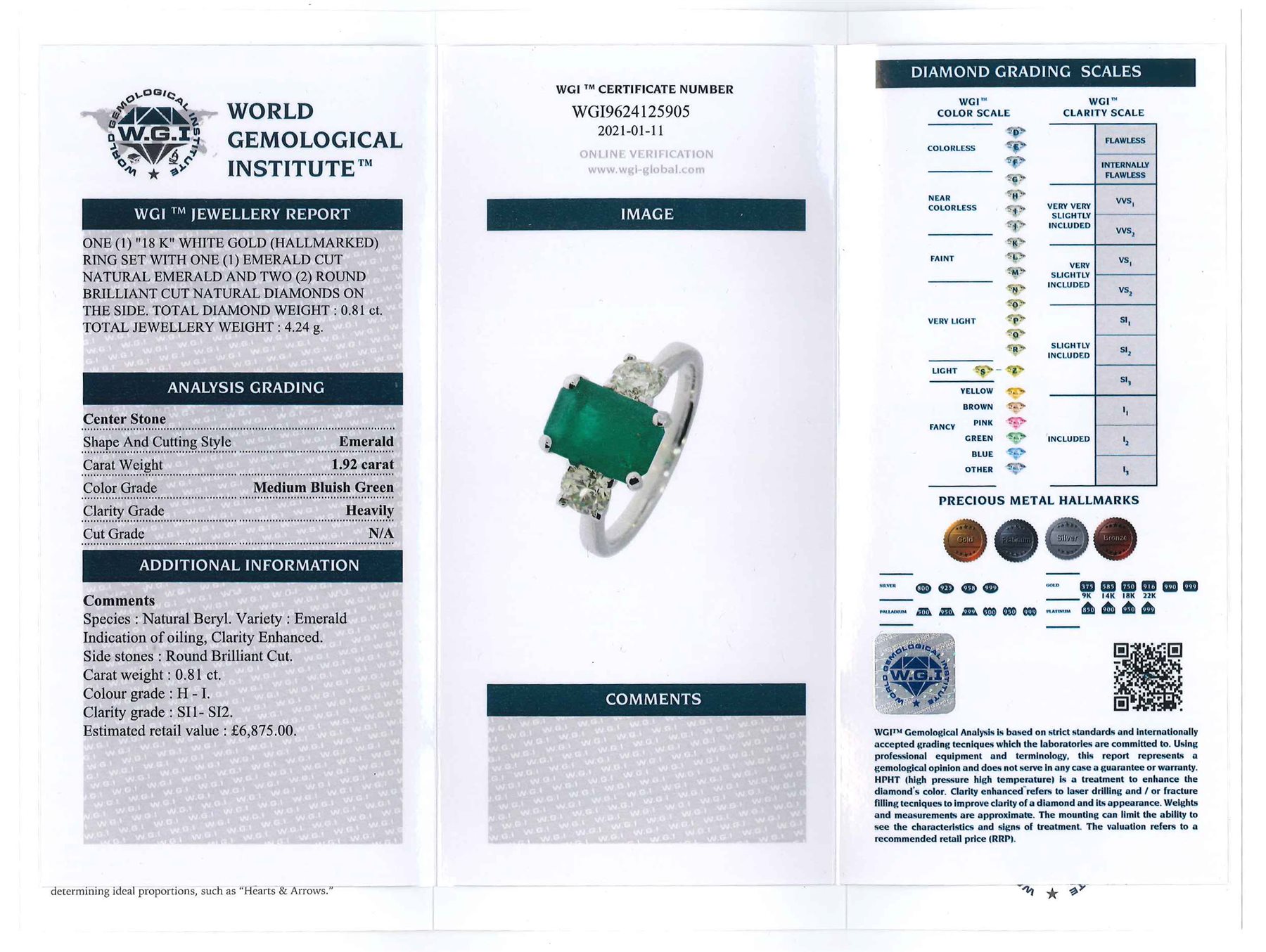 18ct white gold emerald and diamond three stone ring - Image 7 of 7