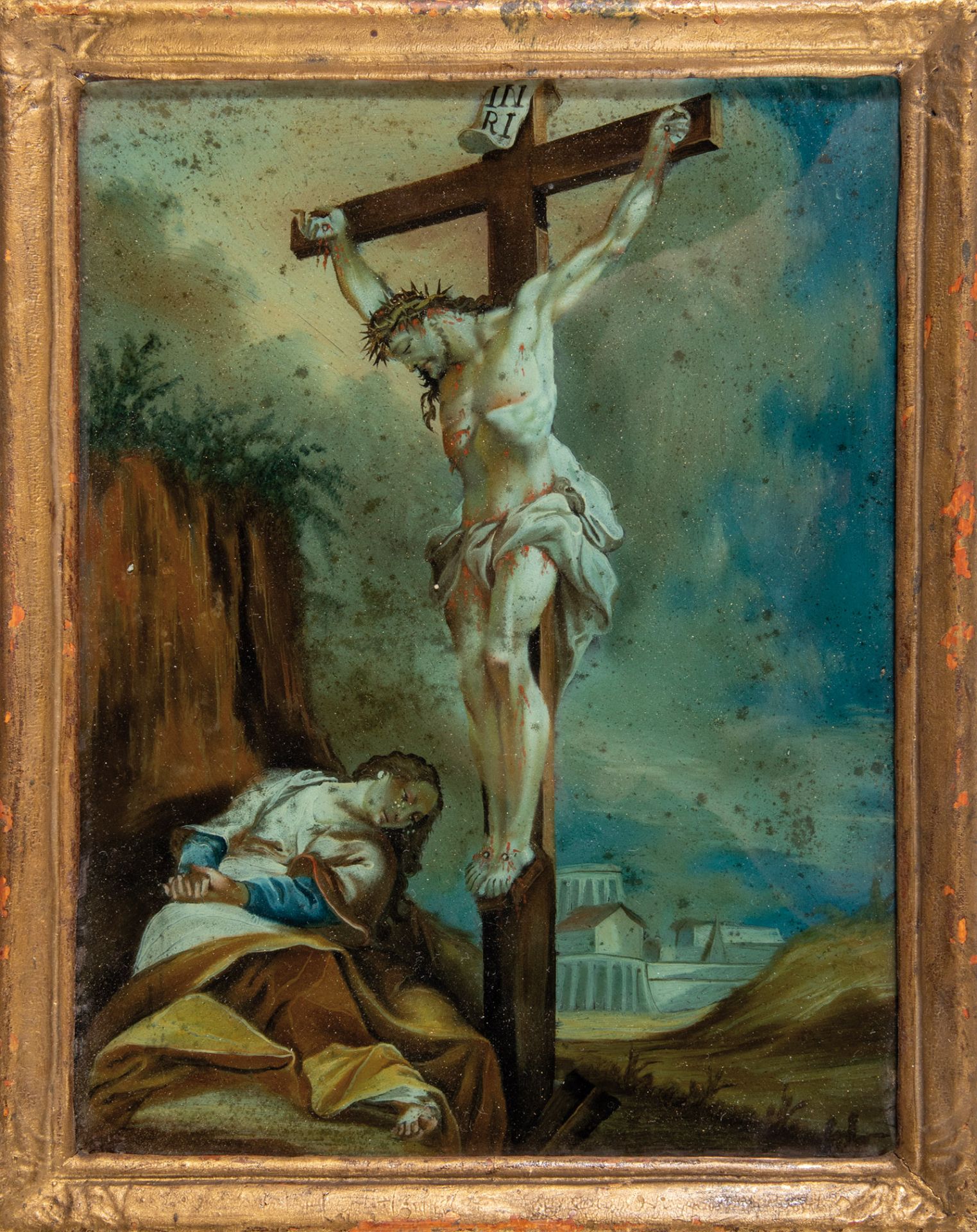 Hinterglasbild: Jesus am Kreuz mit trauernder Maria Magdalena