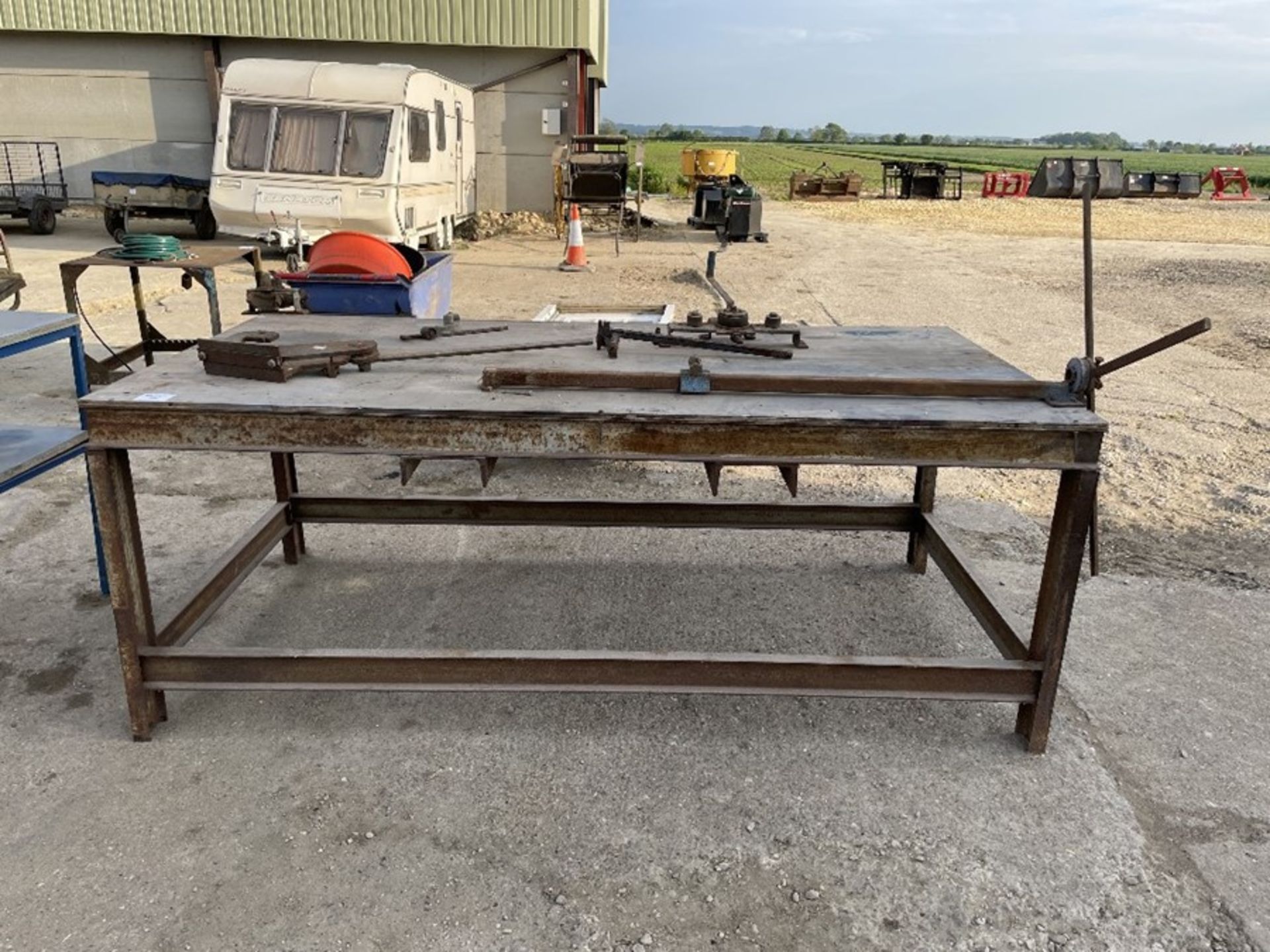 Steel workbench c/w metal hand tools