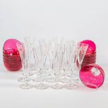 A combined collection of 8 antique Champagne glasses, 9 Etched Champagne glasses and 11 red bowls.