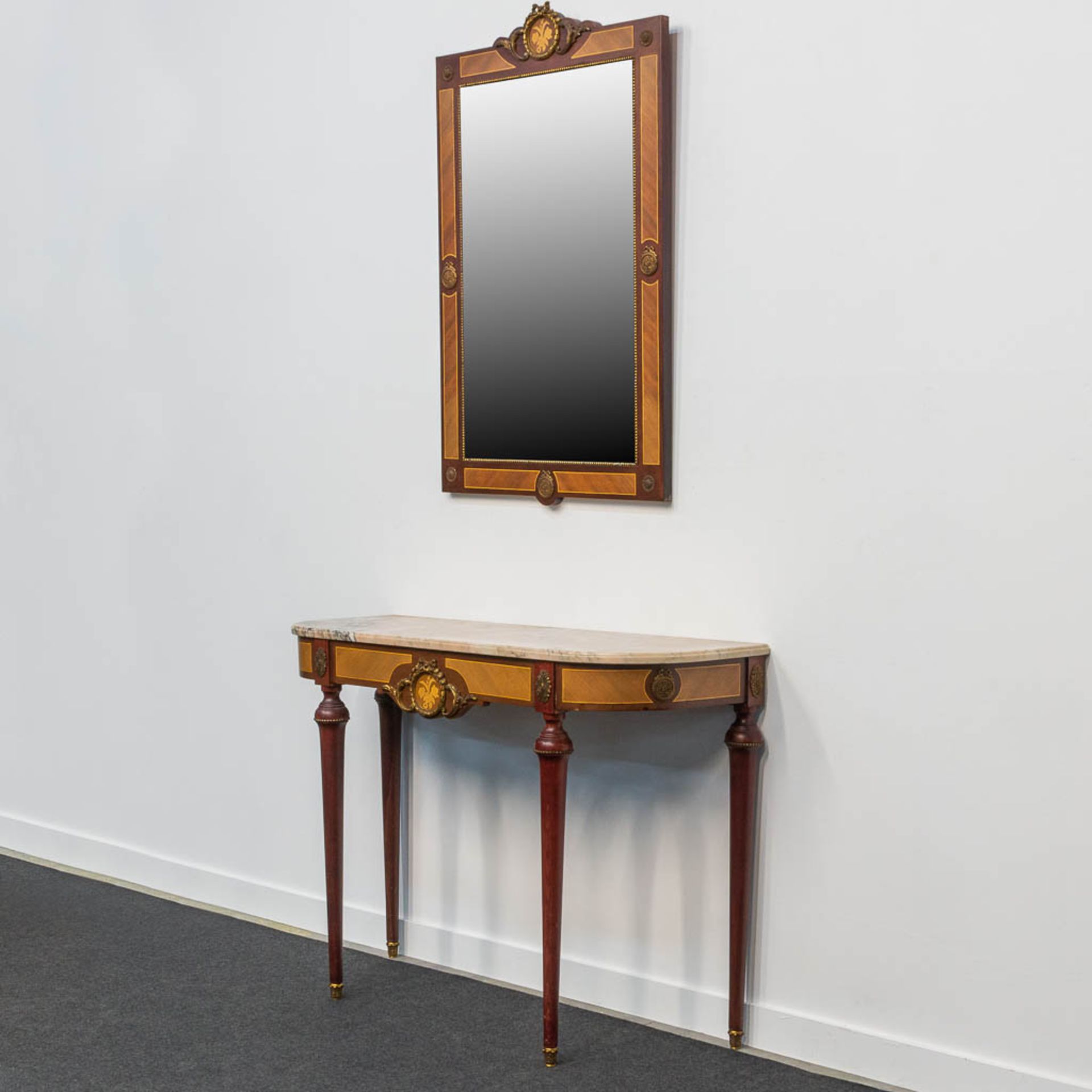 A console table with mirror, inlaid with marquetry, mounted with bronze and with a marble top. - Image 2 of 11