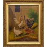 Paul SCHOUTEN (1860-1922) A flock of chicken with rooster, Oil on canvas.