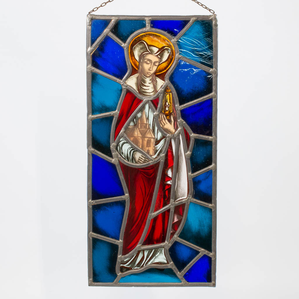 A collection of 7 Stained glass in lead window decorations, with religious decor and a view of Bruge - Image 7 of 21