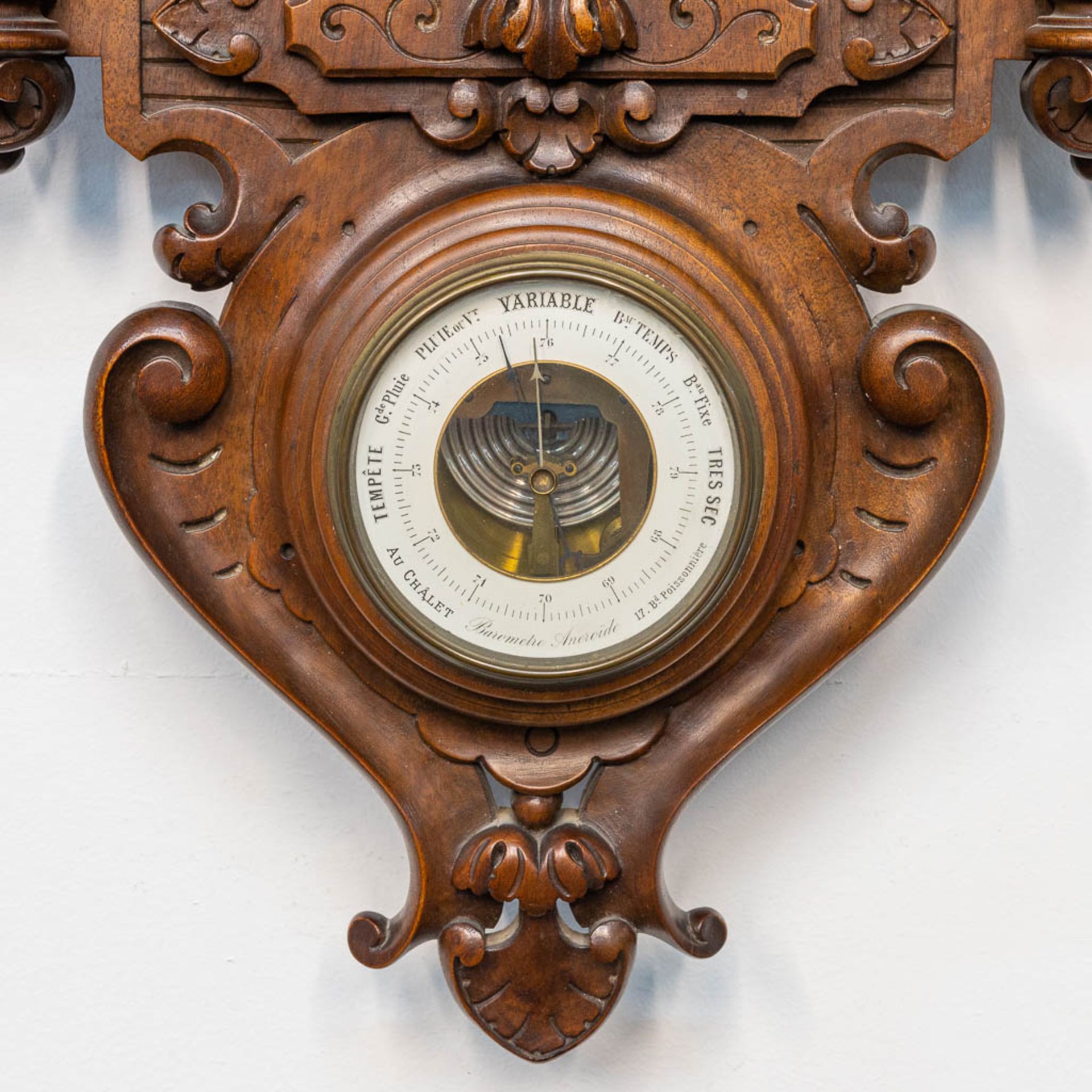 A sculptured wood cartel clock, with barometer - Image 6 of 12