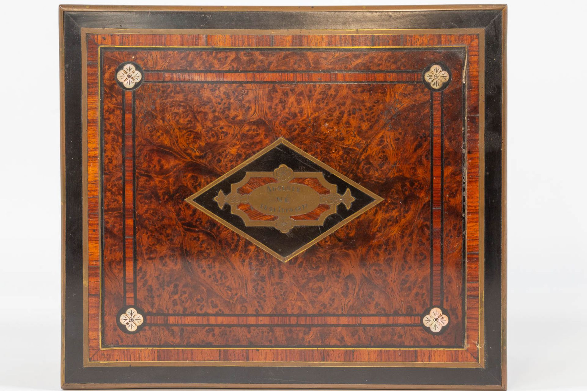 An Antique storage box, with inlaid ebony, root wood and cherry wood with brass. Marked Auguste 1877 - Image 13 of 13