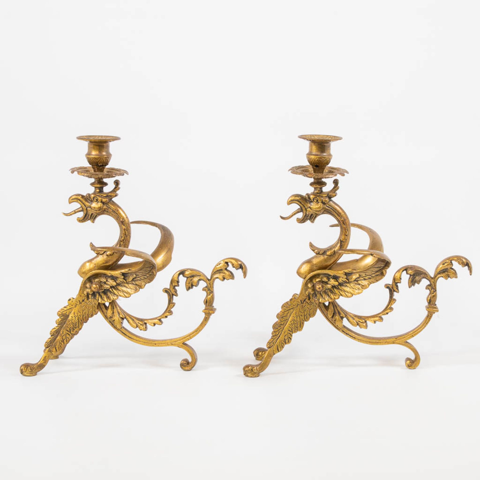 A pair of brass candlesticks in the shape of a dragon with wings. The first half of the 20th centur - Image 3 of 12