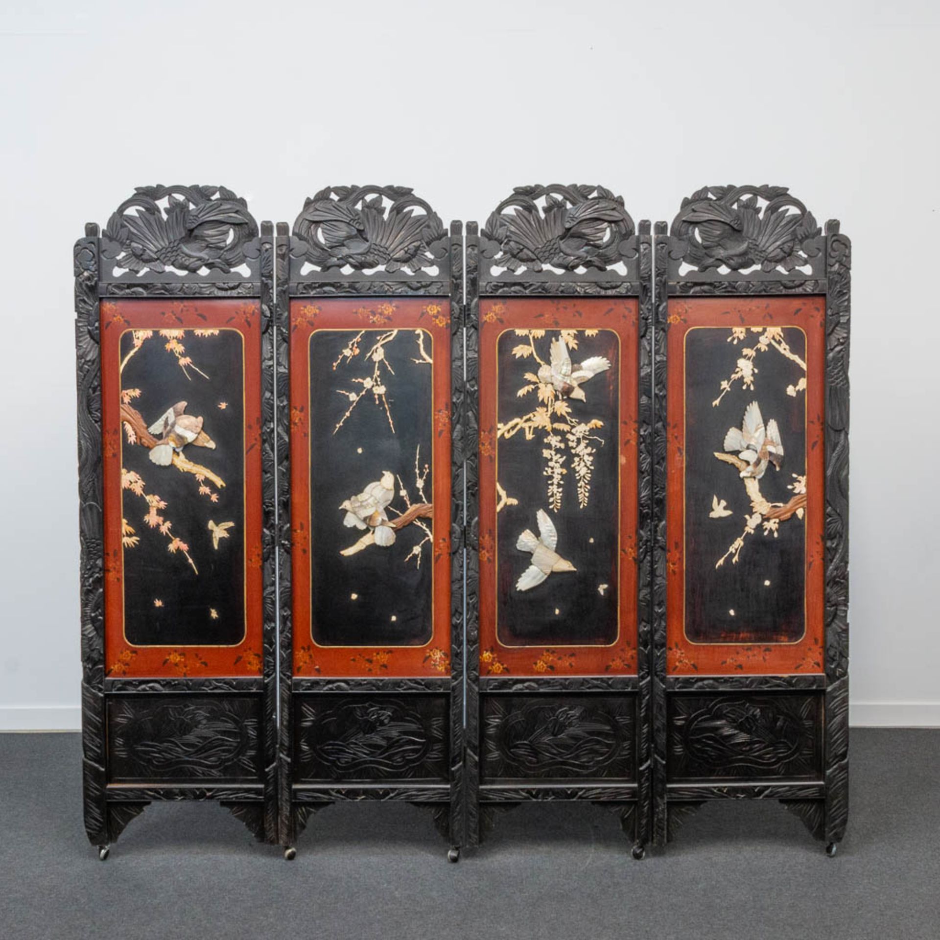 A Chinese hardwood folding screen / Room divider with stone birds decorations