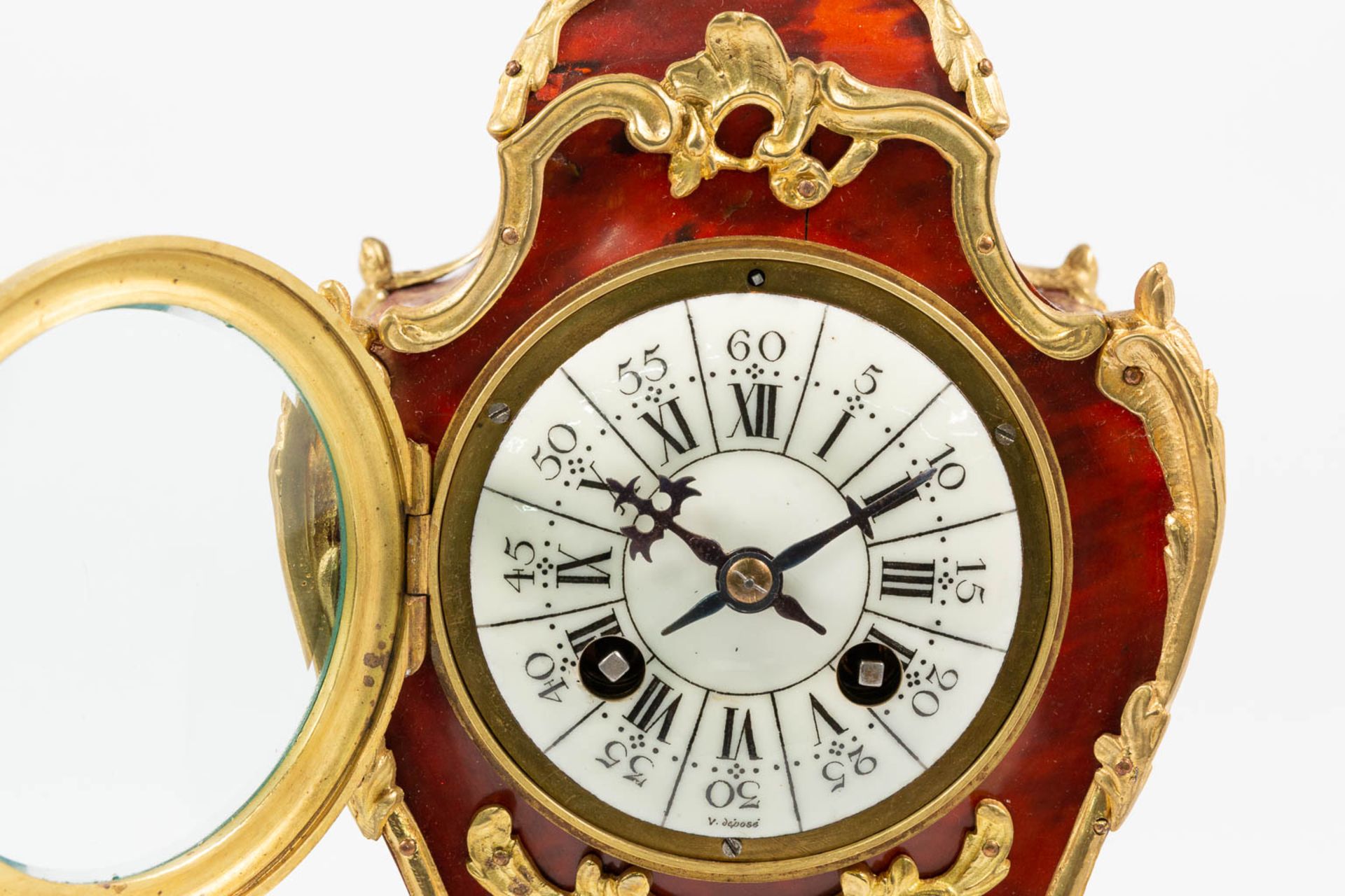 A Table clock made of wood decorated with Tortoise shell and Mount - Image 12 of 16