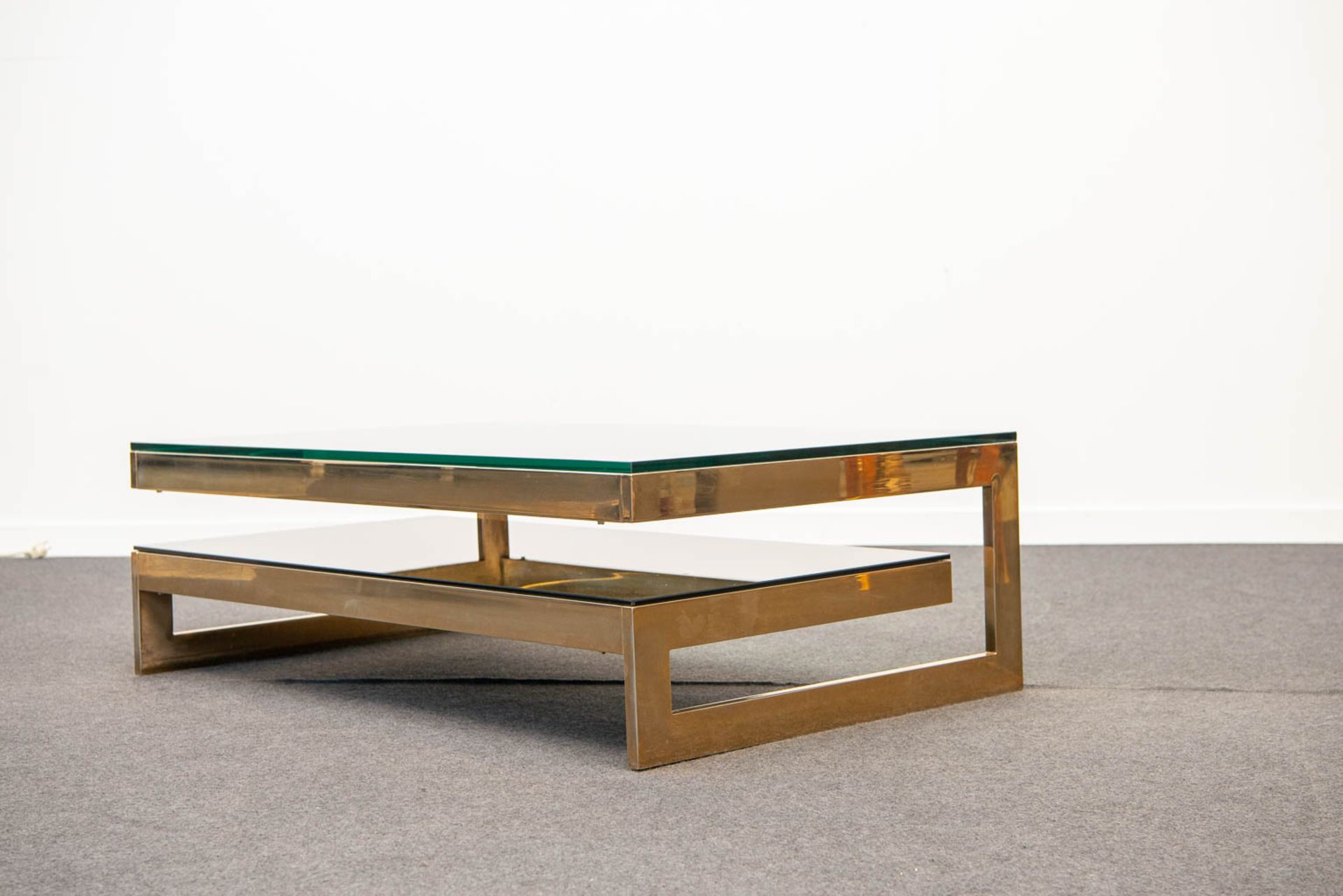A Belgo-Chrom G-Shape coffee Table with fumé glass and clear glass. 20th century. - Image 9 of 19