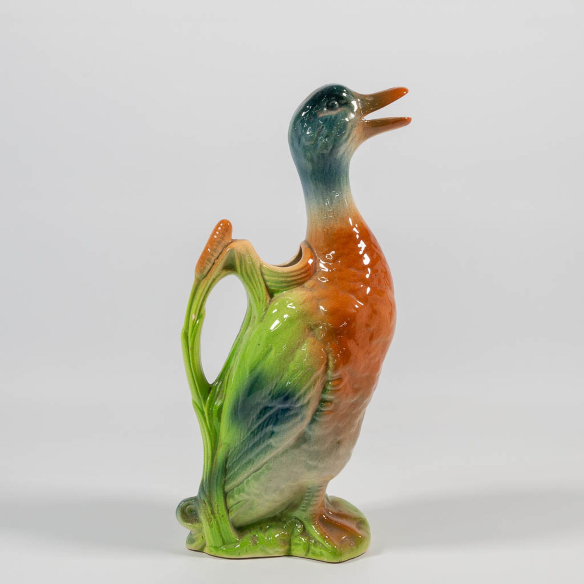 A Barbotine Duck Water Pitcher, made in France first half of the 20th century.
