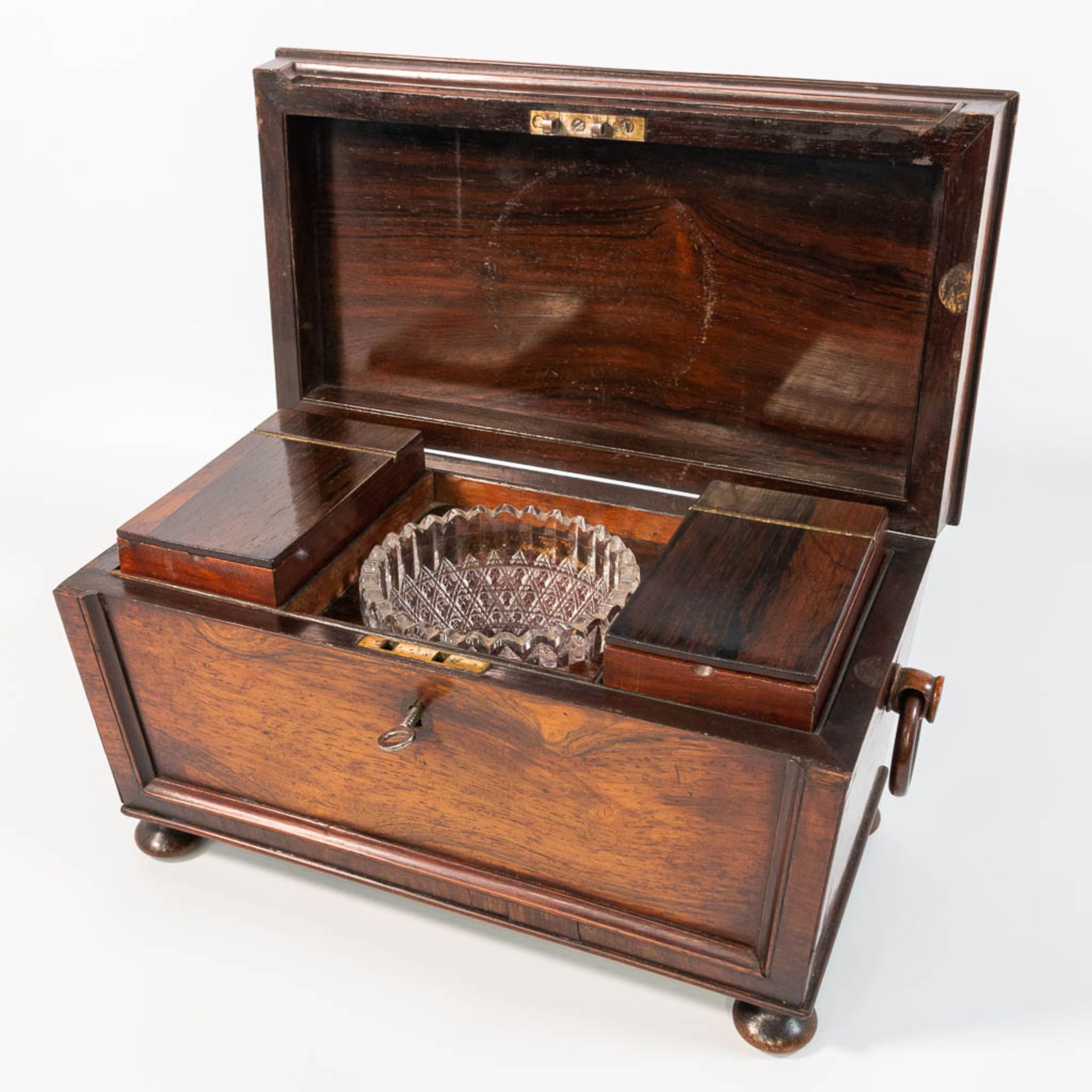 A walnut tea caddy with a crystal vase and 2 storage containers. - Image 24 of 26