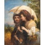 Robert Antoine MULLER (c.1821-1883) a painting of 2 girls with an umbrella, oil on canvas.