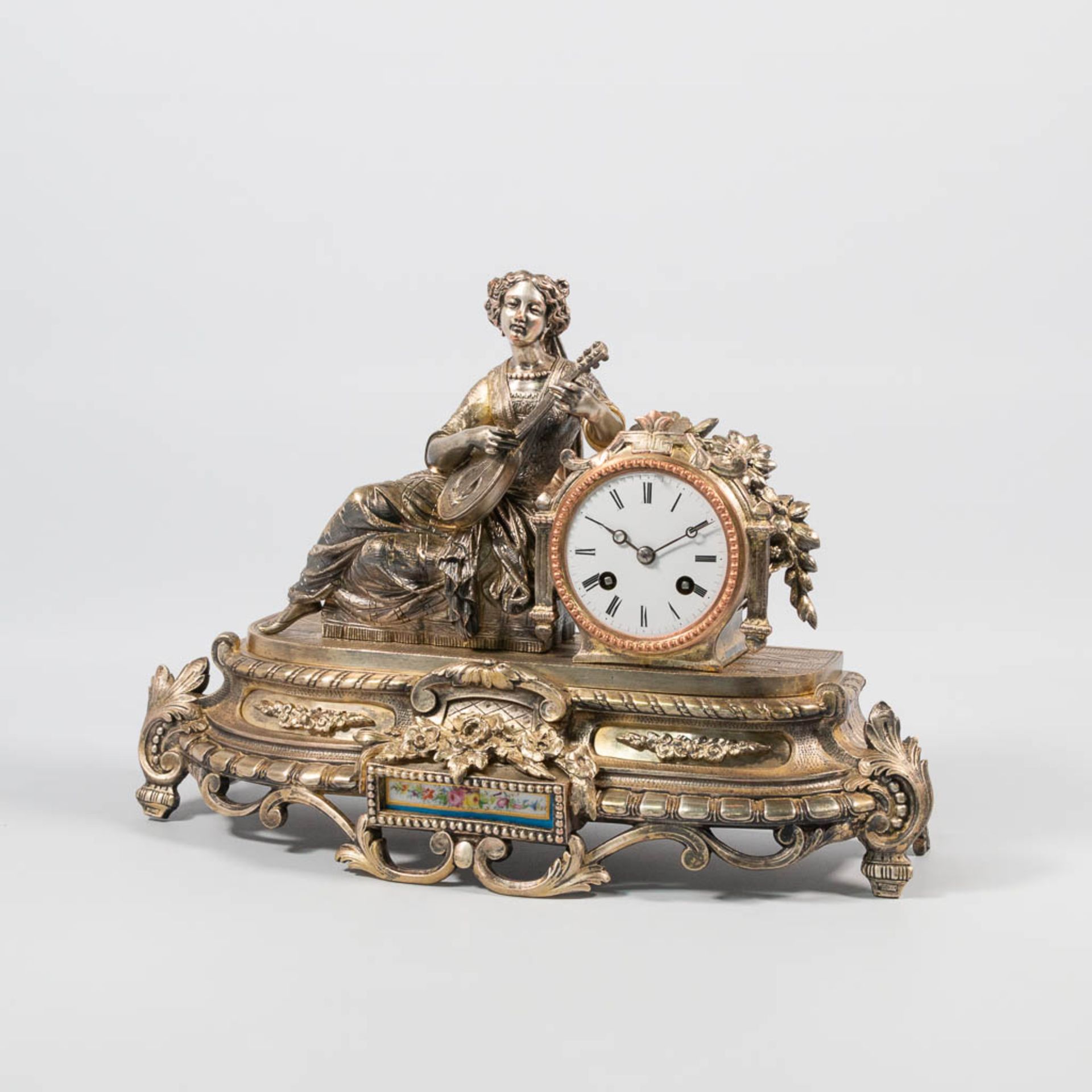 A Mantle clock with Romantic Scene, Silver plated Bronze. - Image 3 of 12