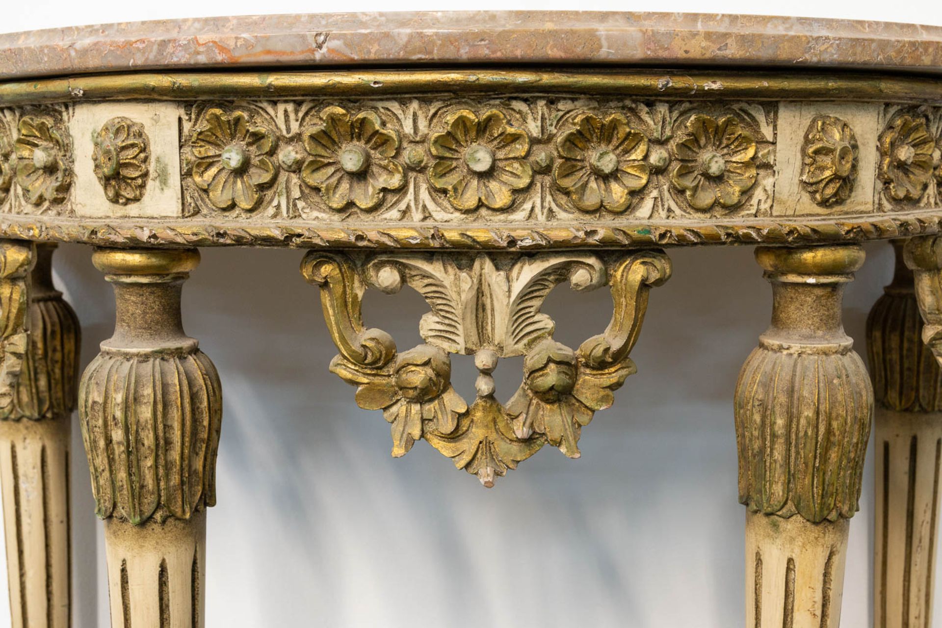 A Louis XVI style console table with marble top and sculptured wood decorations. - Image 12 of 12