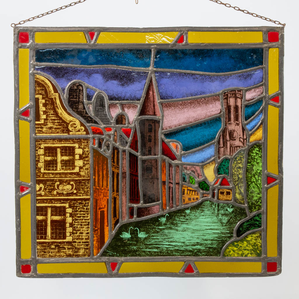 A collection of 7 Stained glass in lead window decorations, with religious decor and a view of Bruge - Image 21 of 21